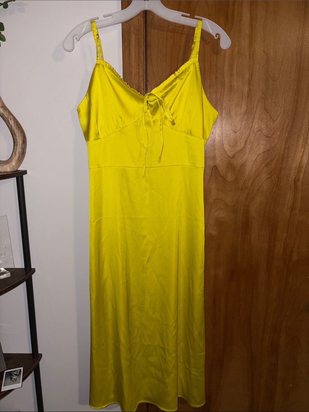 Yellow Satin Midi Slip Dress with Tie Front